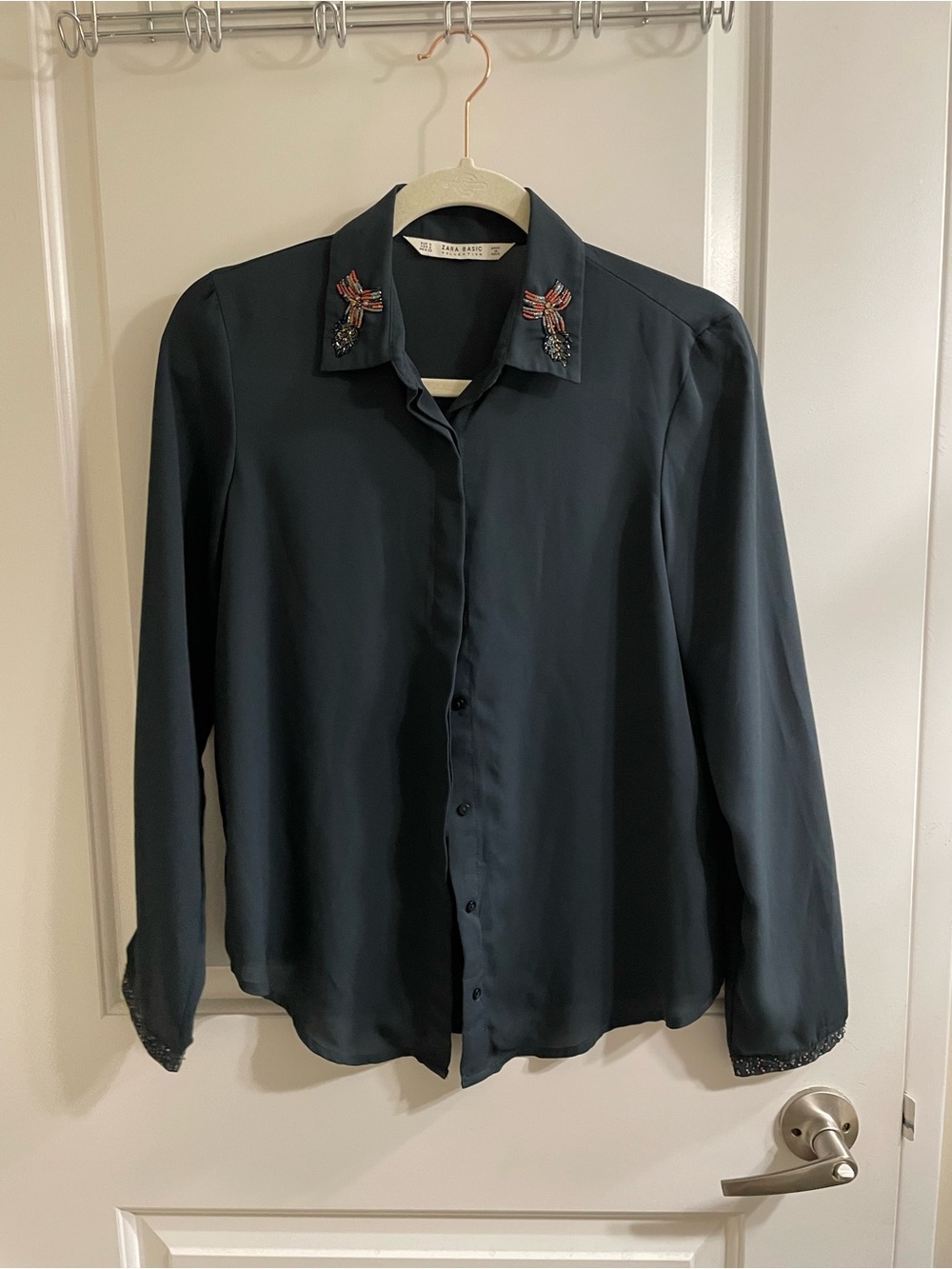 Zara Black Long-Sleeve Button-Up Blouse with Embellished Collar